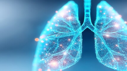 Digital illustration of human lungs with glowing connections and structures.