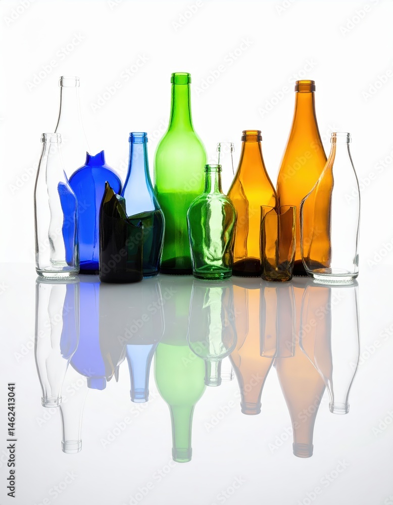 Poster a vibrant collection of assorted glass bottles in various shapes and sizes, showcasing a spectrum of