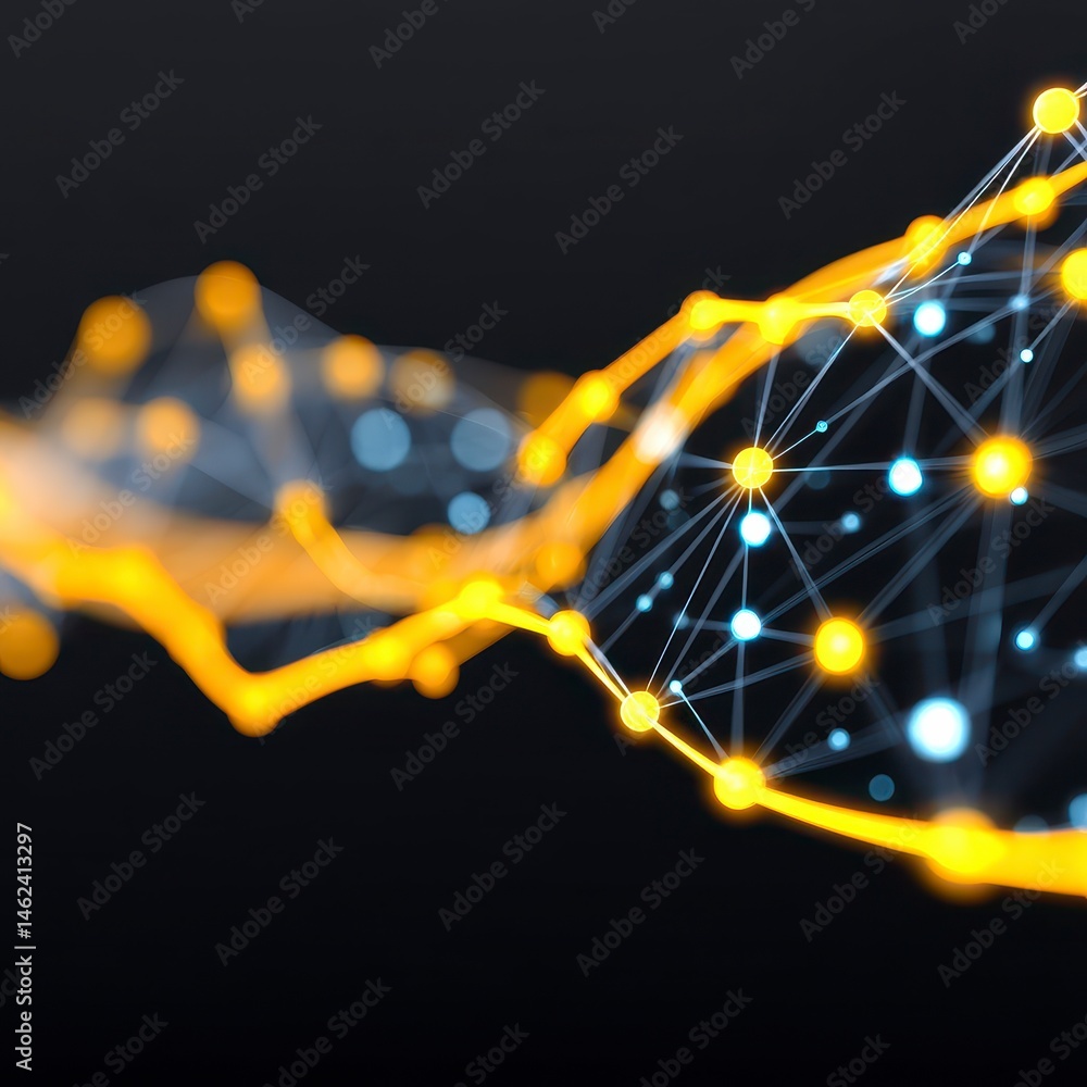 Poster abstract digital network with glowing nodes and connections.