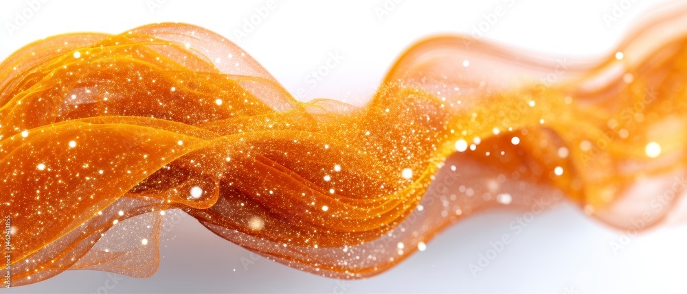 Poster flowing orange abstract design with glittering particles.
