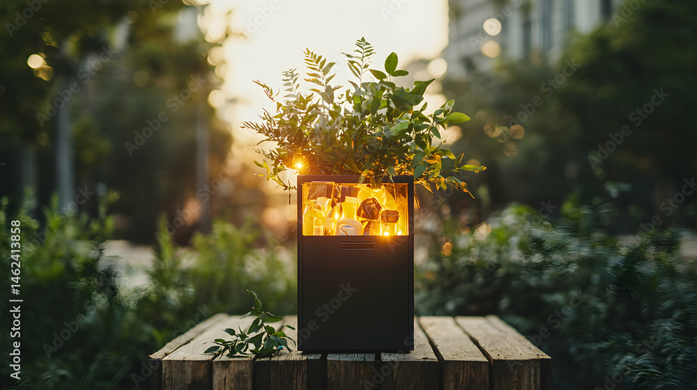Poster a modern black lantern filled with glowing objects and fresh greenery. ideal for adding ambiance and