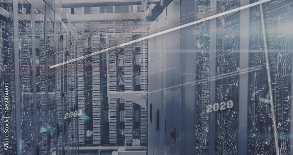 Poster 3d data center racks streaming data cables threading overhead, circuit lines floating in cool blue