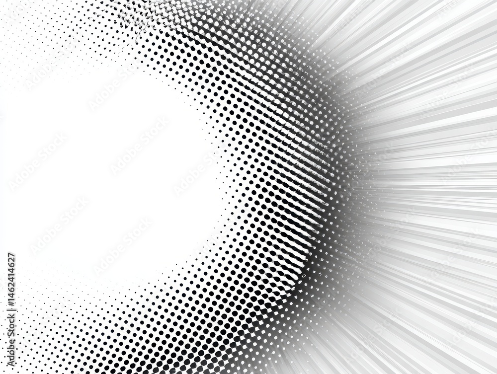 Poster abstract halftone pattern with radial lines and dots in black and white.