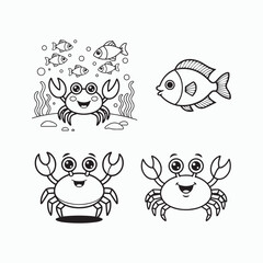 Cute Cartoon Crab Underwater Scene – Smiling Crab with Fish, Seaweed, and Ocean Floor Elements