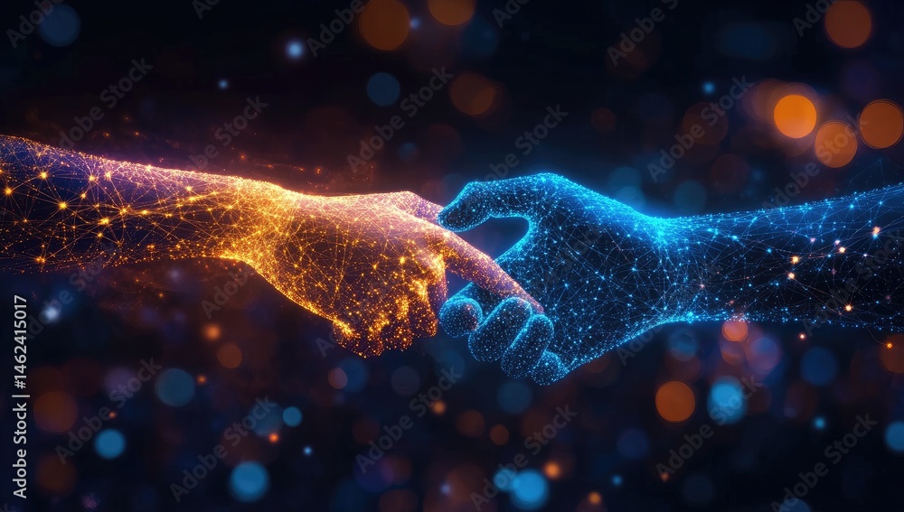 Poster glowing hands connecting in dark bokeh background