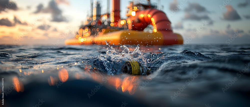 Aufkleber dynamic ocean scene with splashing water and an industrial structure in the background. suitable for