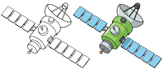 Space Telescope Line Art Vector Outline Illustration Black and White with Coloring Sample