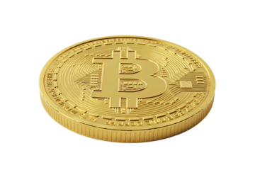 A close-up of a golden Bitcoin, isolated on transparent background 