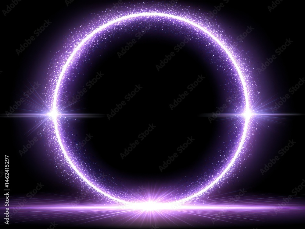 Poster glowing circular design with bright sparkles and dark background.