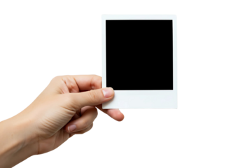 hand holding blank photo frame, A hand holds a polaroid picture isolated on transparent background 