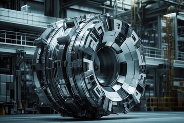 Large, complex, metallic wheel in a modern industrial setting.  Layered components, intricate design,  grey and silver tones