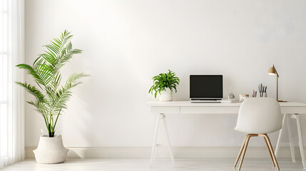 A minimalist workspace with a white desk, ergonomic chair, and a pop of color from a decorative plant.