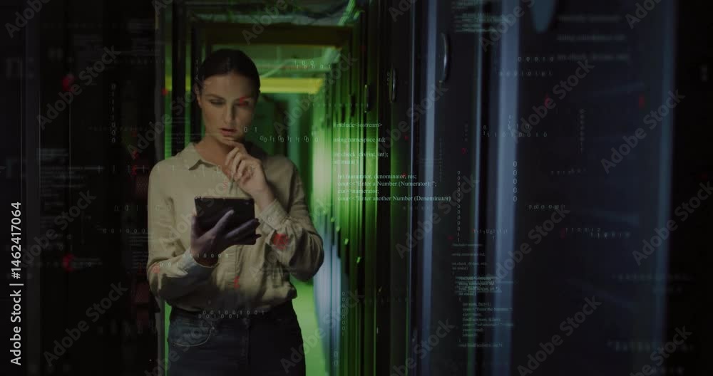 Poster female technician holding tablet viewing servers in data center aisle showing binary code overlay