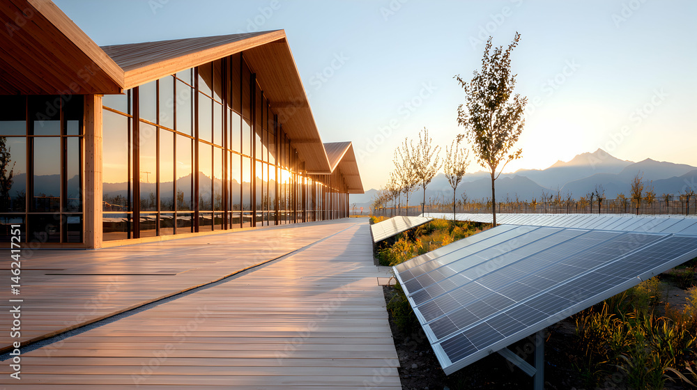 Poster modern building design with solar panels. excellent lighting creating a warm atmosphere. use this fo