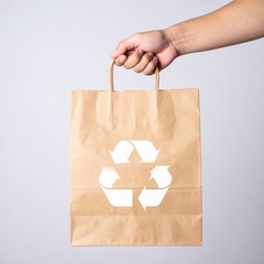 A person with a casual outfit holds a brown paper bag prominently displaying the green recycling symbol, emphasizing eco-friendliness and sustainability.