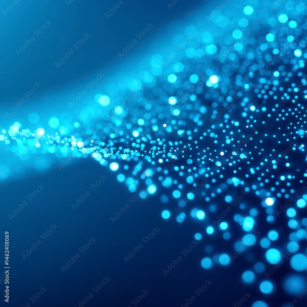 Poster abstract blue bokeh background with glowing dots and a soft gradient.