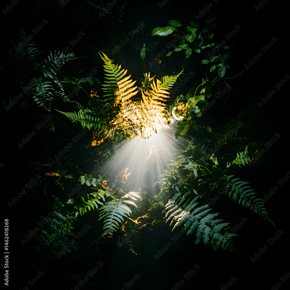 Poster sunlight filters through ferns and leaves in a dark forest scene. use this image for nature themes o