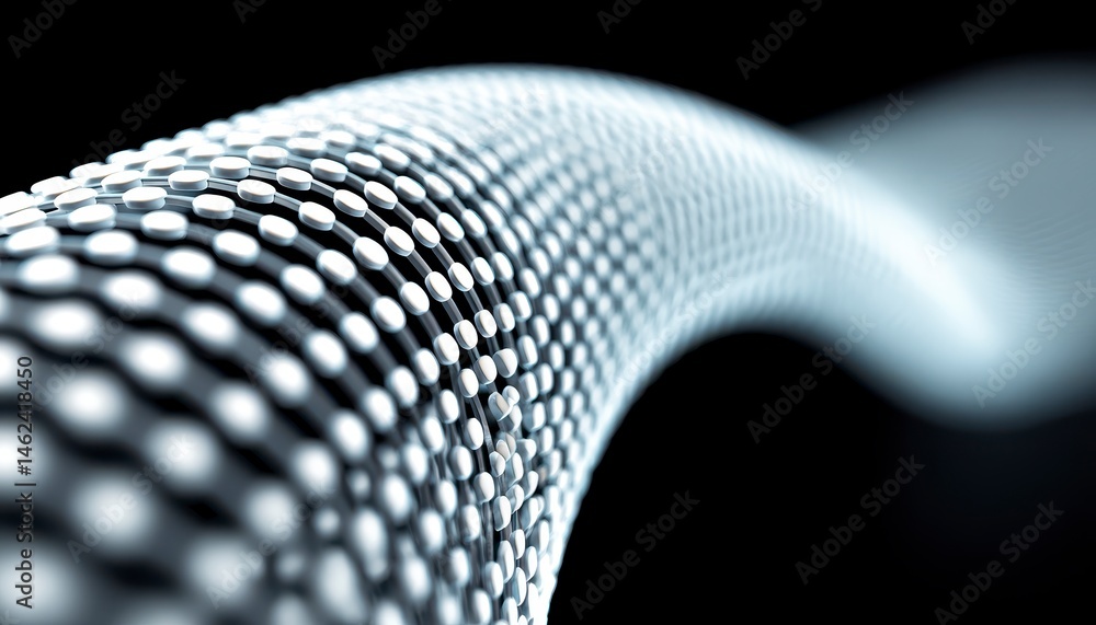 Poster abstract wave pattern with metallic spheres on a dark background.