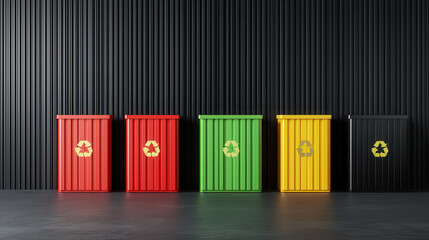 Obraz premium Recycling bins in various colors arranged neatly against dark wall, promoting eco consciousness and sustainability