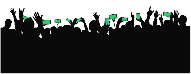 Concertgoers hold up their phones to film and take pictures, Applause crowd silhouette, cheering crowd at a concert 