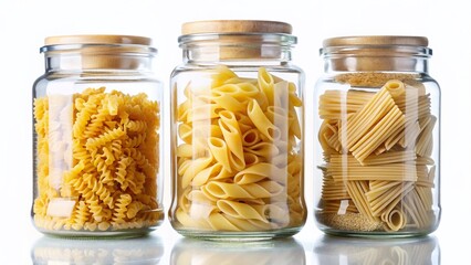 Three Glass Jars of Pasta on White Background - Stock Photo