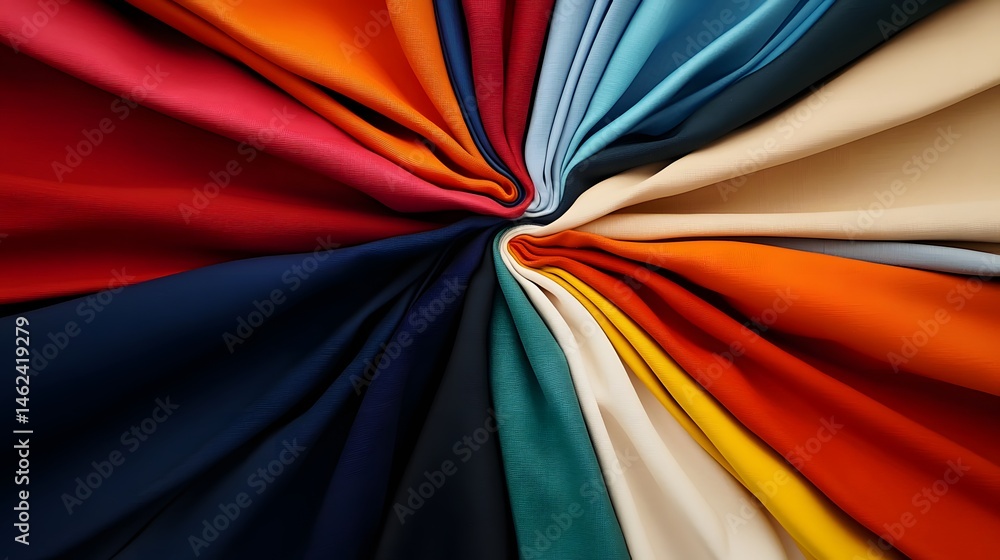 Poster radiating array of colorful fabric swatches.