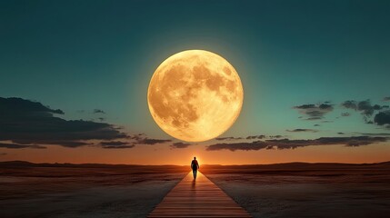 Glowing radiance masculine illustration in golden light A stunning scene of a silhouetted figure walking towards a giant moon, casting a magical glow over the serene landscape.