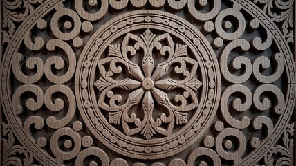 Intricate Wooden Panel with Central Floral Rosette and Swirling