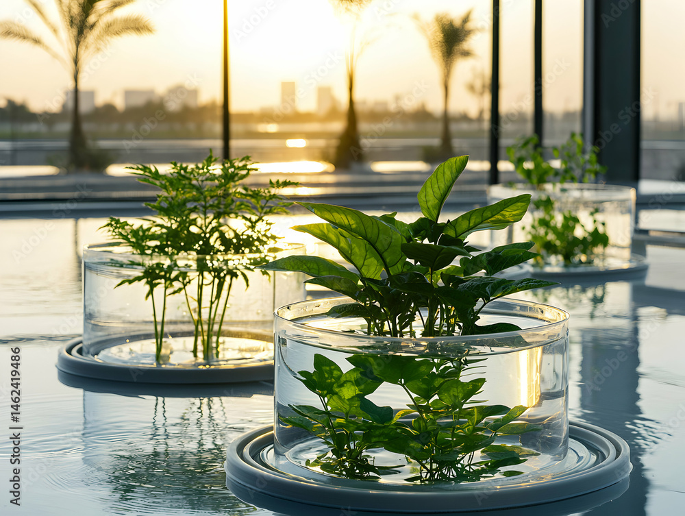 Poster serene hydroponic plants in clear containers reflecting a warm sunset light. ideal for minimalist de