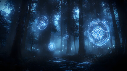 A misty forest at midnight, illuminated by floating arcane symbols radiating an eerie glow.