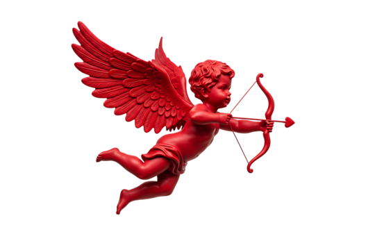 A red Cupid figure with large, ornate wings, poised mid-flight, holding a bow and aiming a heart-tipped arrow, isolated on transparent background 