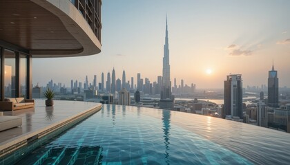 Infinity pool luxury apartment Dubai skyline view	
