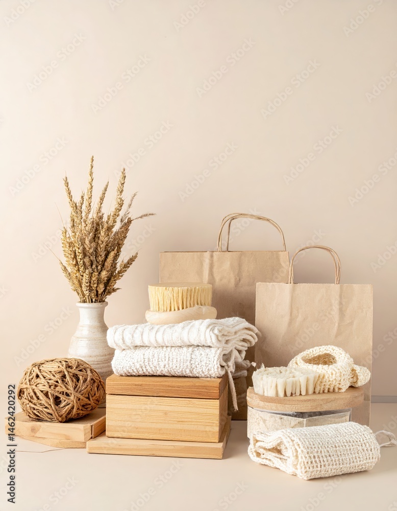 Poster A neatly arranged pile of fluffy white towels, assorted fragrant soaps, and various spa essentials, creating a serene and inviting atmosphere.