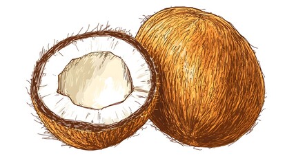 Hand-drawn illustration of two coconuts, one whole and one halved.
