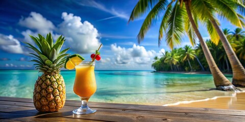 Obraz premium Tropical Pineapple Drink on Beach, Summer Cocktail, Palm Trees, Ocean View