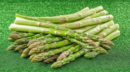 Bunch of fresh asparagus on vivid green background. Ingredient for preparing delicious vegetarian salad. Food concept. Fresh spring vegetables. Edible sprouts of asparagus rich in vitamins, folic aci