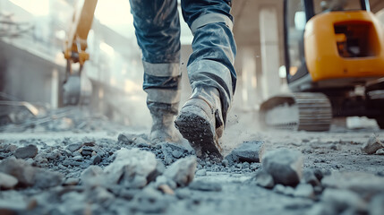 Construction Worker Walking on Debris at Site