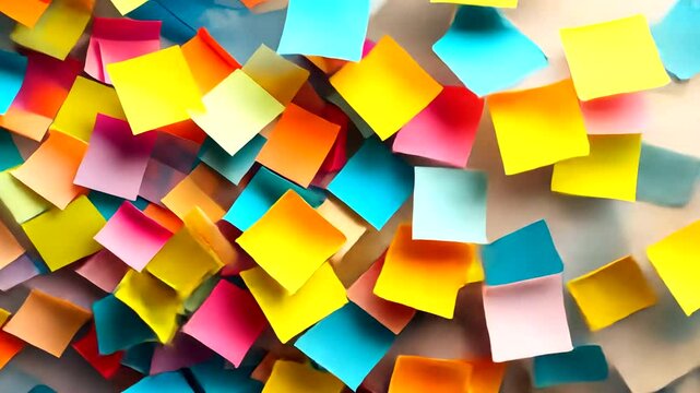 Colorful arrangement of sticky notes in vibrant hues scattered on a blue surface, inspiring creativity
