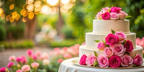 Two-Tiered Pink Rose Wedding Cake, Outdoor Ceremony, High Depth of Field