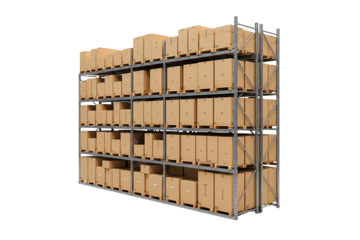 cargo containers in warehouse, A storage rack filled with brown cardboard boxes, isolated on transparent background 