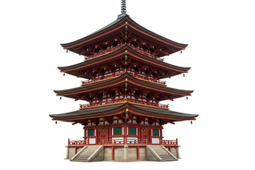 A traditional wooden Japanese pagoda with intricate architectural details and vibrant colors, isolated on transparent background 