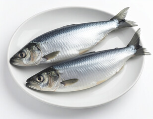 Obraz premium Two fresh whole fish placed on a white ceramic plate, isolated on white background. Perfect for culinary, seafood, cooking, diet, or fish market themes.