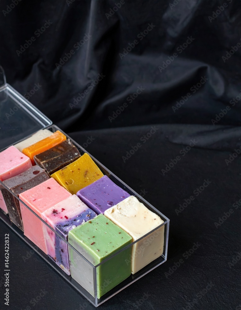 Poster a charming small box brimming with an array of vibrant, handcrafted soaps in various colors and shap