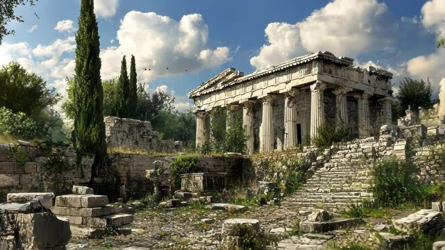 Ancient architectural ruins in a sunlit landscape displaying historical significance