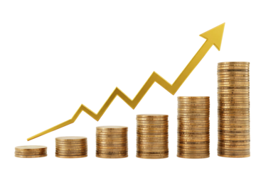 Stacks of coins in increasing height, overlaid with a zigzagging golden arrow pointing upward, isolated on transparent background 