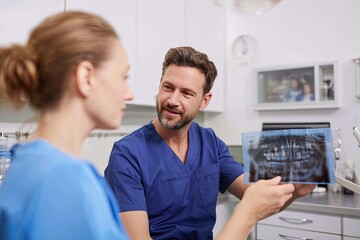 Obraz premium A dentist showing a dental x-ray to a patient in a consultation room