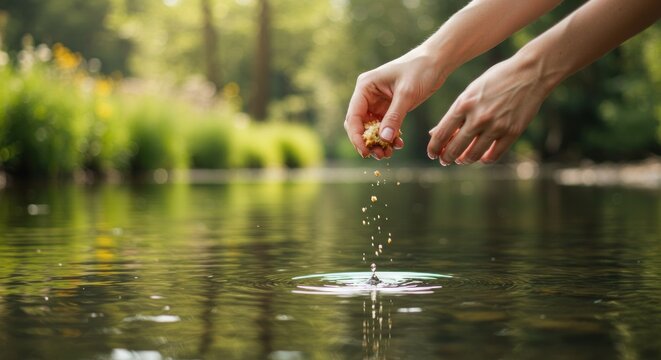 Hands performing Tashlich ceremony by forest stream on Rosh Hashanah