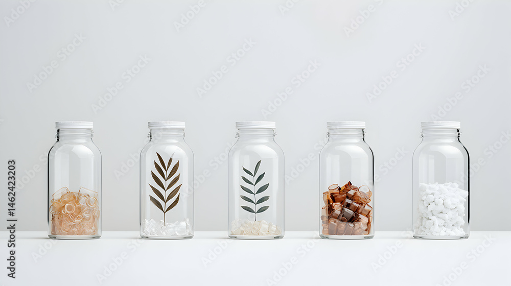 Poster an artistic representation of elements inside glass jars. suitable for minimalist decor or conceptua