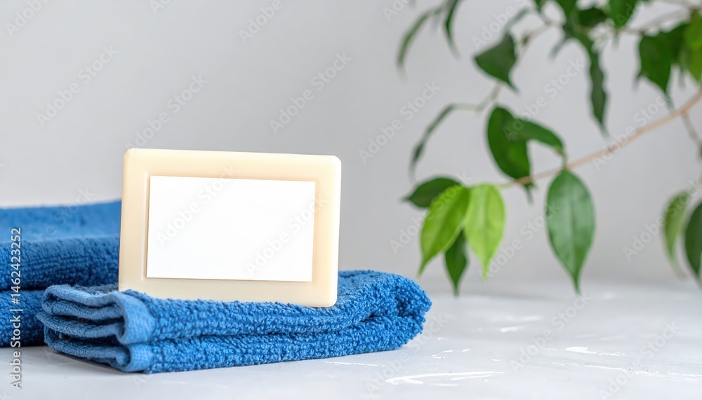 Poster a pristine white soap bar rests elegantly atop a stack of soft, plush blue towels, creating a serene