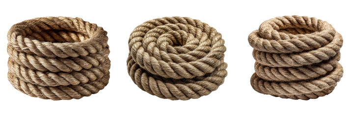 Coiled Natural Fiber Rope Stacks for Rustic Decor Isolated on a Transparent Background